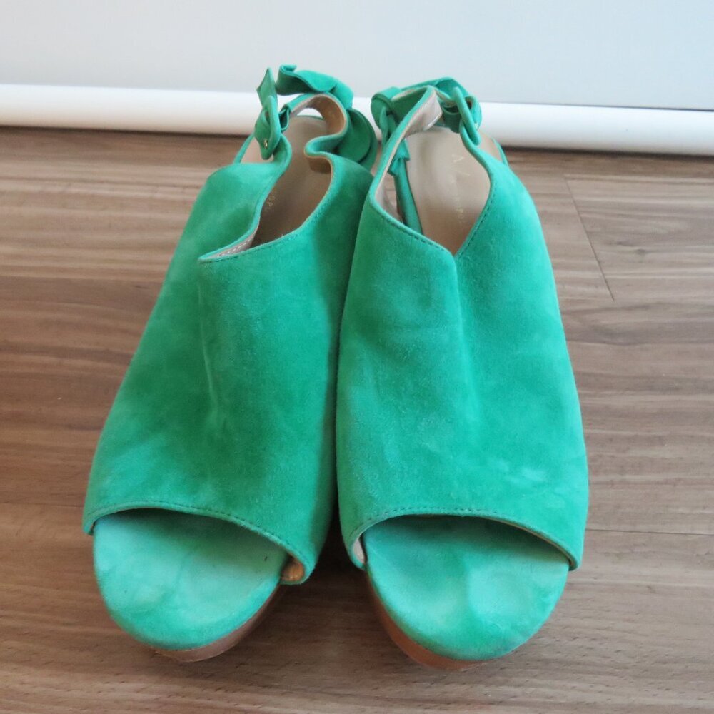 ANTHROPOLOGIE Bow Back Wooden Wedge Peeptoe Sandals in Kelly Green - Size US 10 - Picture 7 of 15